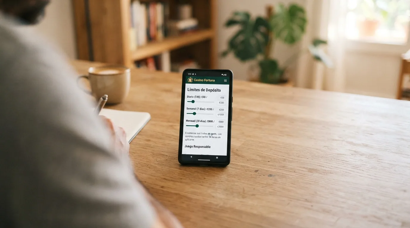 Un teléfono Android mostrando la pantalla de ajustes de límites de depósito de un casino DGOJ, con los controles de límite diario, semanal y mensual