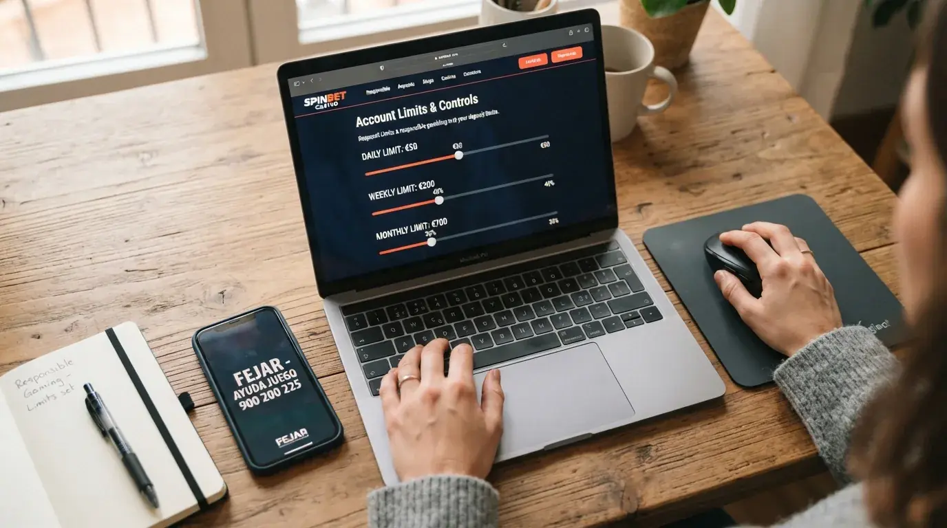 Interfaz de configuración de límites de depósito en un casino online, con los selectores de límite diario, semanal y mensual visibles, y el número 900 200 225 de FEJAR en un recuadro destacado
