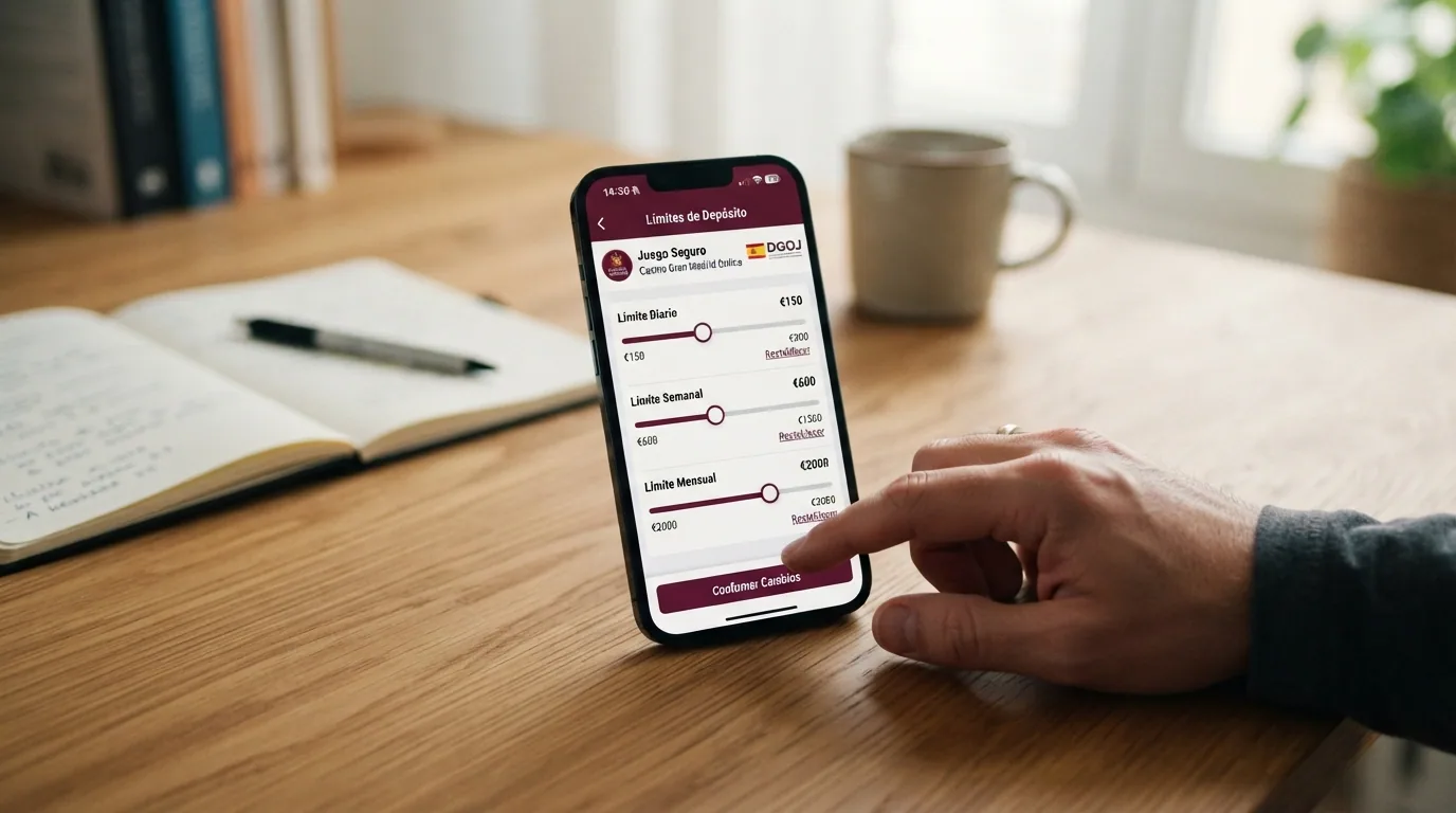 Panel de configuración de límites de depósito diario, semanal y mensual en la cuenta de un casino online español
