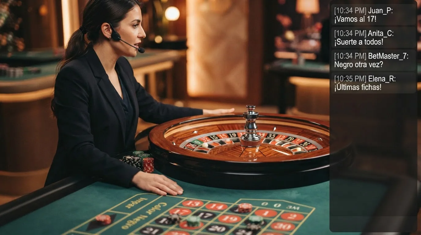 Interfaz de una mesa de ruleta europea en vivo con el cilindro girando, el crupier anunciando las apuestas y el chat lateral con mensajes de otros jugadores