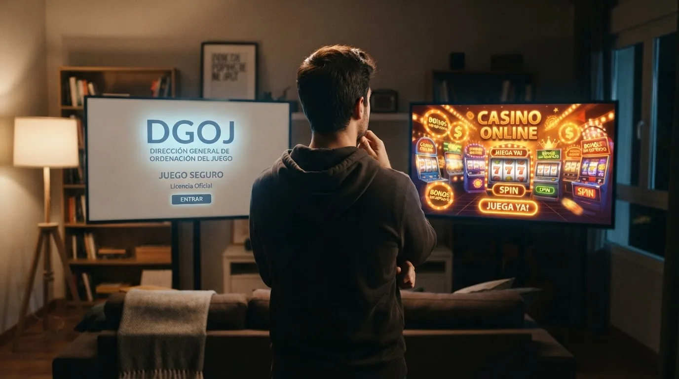 Silueta de un jugador frente a dos pantallas: una con el logotipo de la DGOJ y otra con la interfaz de un casino internacional