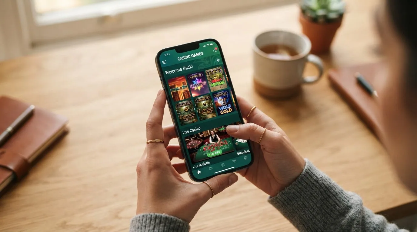 Mano sujetando un teléfono móvil con la pantalla de un casino online español en orientación vertical, mostrando el lobby de tragaperras con botones táctiles adaptados