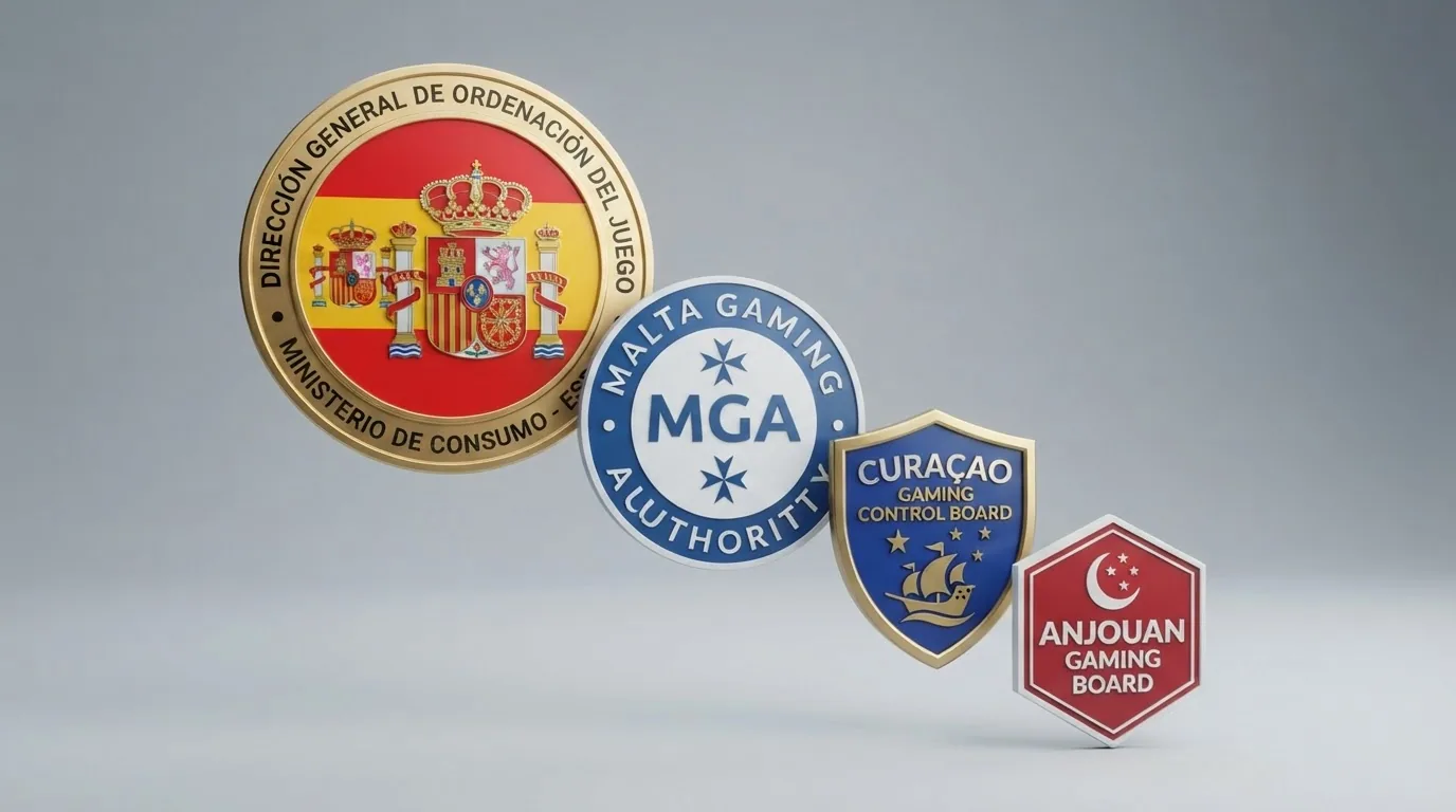 Cuatro escudos institucionales alineados de mayor a menor tamaño: DGOJ (grande, con la bandera de España), MGA (mediano, con la bandera de Malta), Curaçao (pequeño) y Anjouan (el más pequeño)