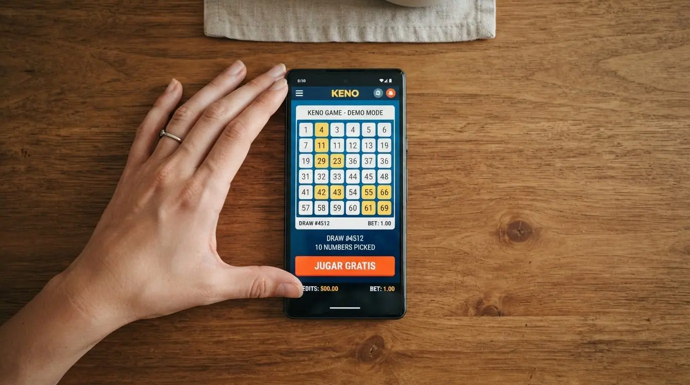 Boton de jugar gratis o modo demo resaltado en la pantalla de inicio de un juego de keno online