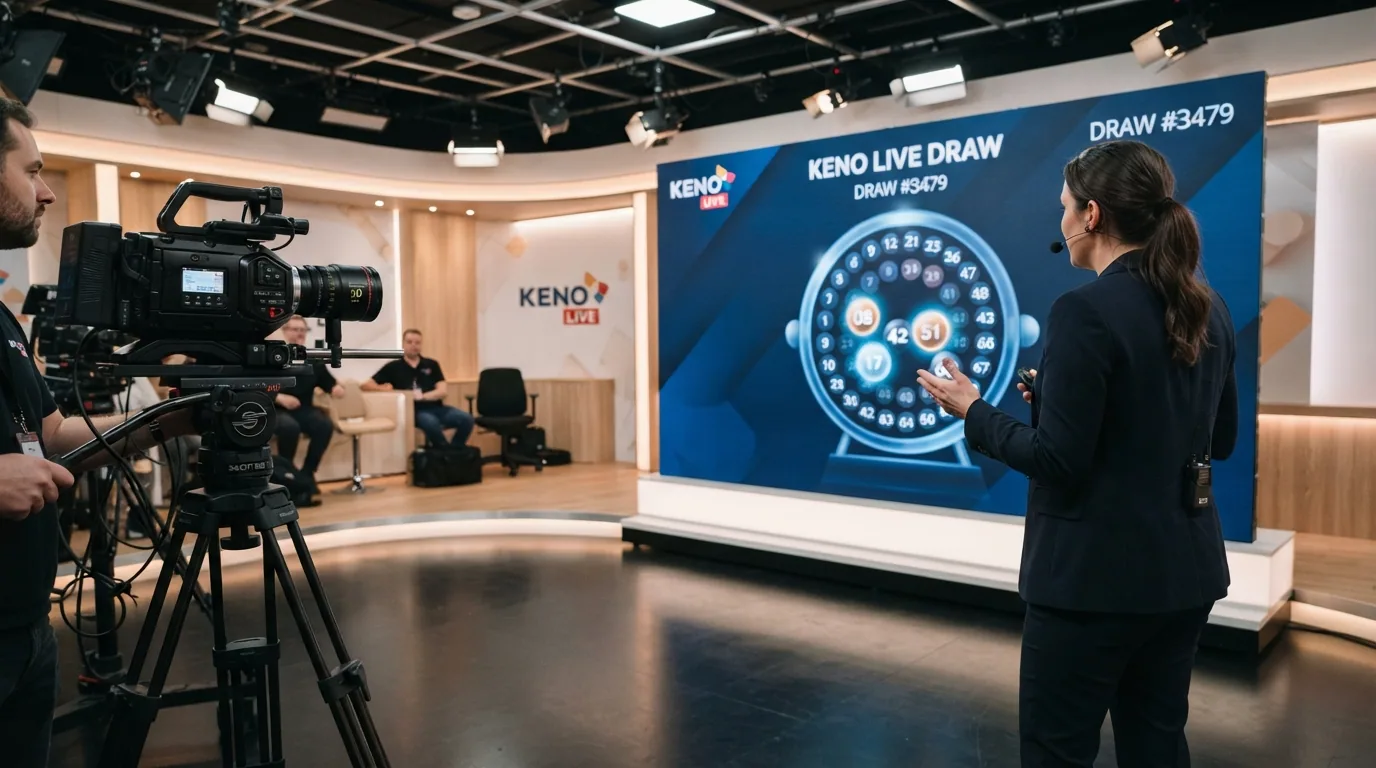 Presentador de keno en vivo frente a una mesa de estudio con pantalla de sorteo y bombo