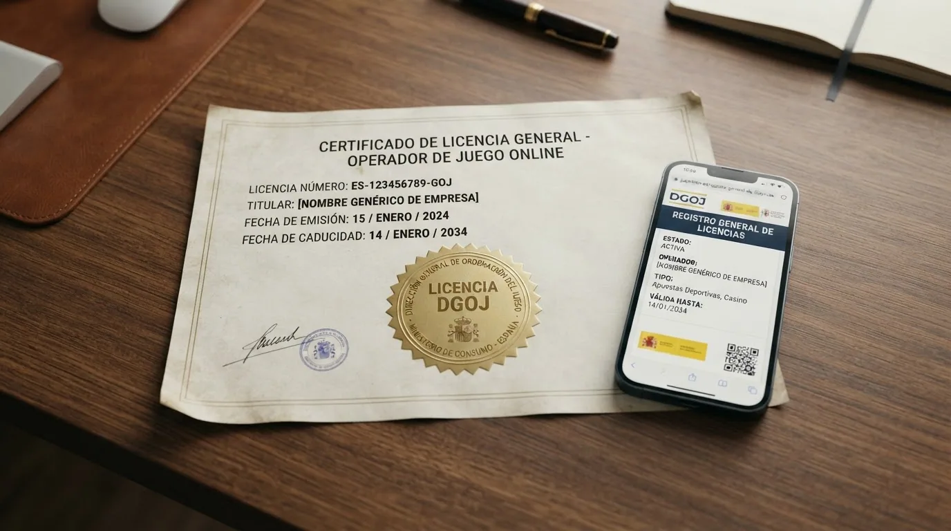 Captura del registro público de licencias de la DGOJ en ordenacionjuego.es con un operador de ejemplo y su licencia general y licencias singulares visibles en pantalla