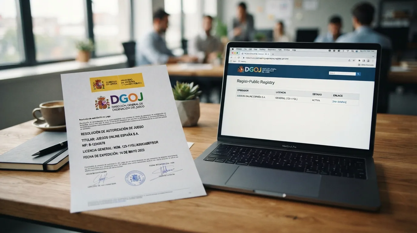 Un documento oficial con el sello de la DGOJ sobre una mesa, junto a un dominio .es visible en una pantalla de ordenador