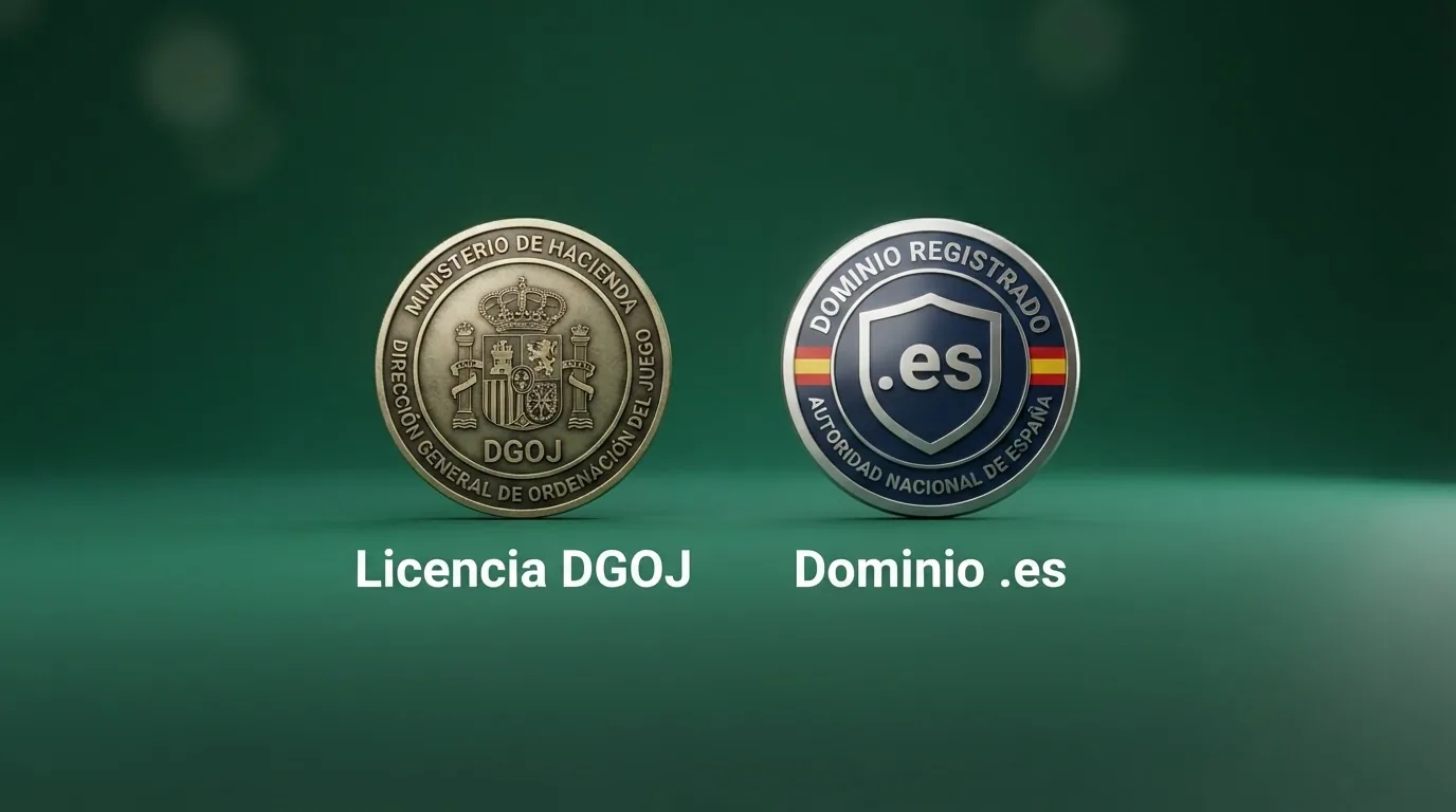 Sello de licencia DGOJ y dominio .es en el pie de página de un casino online español, junto al enlace al registro oficial