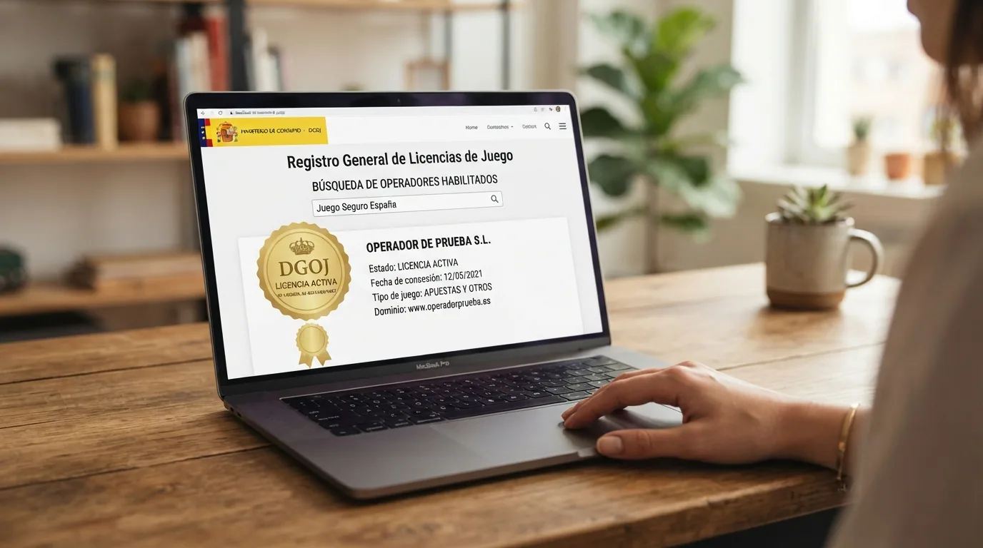 Pantalla del buscador público de operadores de ordenacionjuego.es con el campo de búsqueda y un resultado desplegado que muestra el número de licencia y la marca comercial