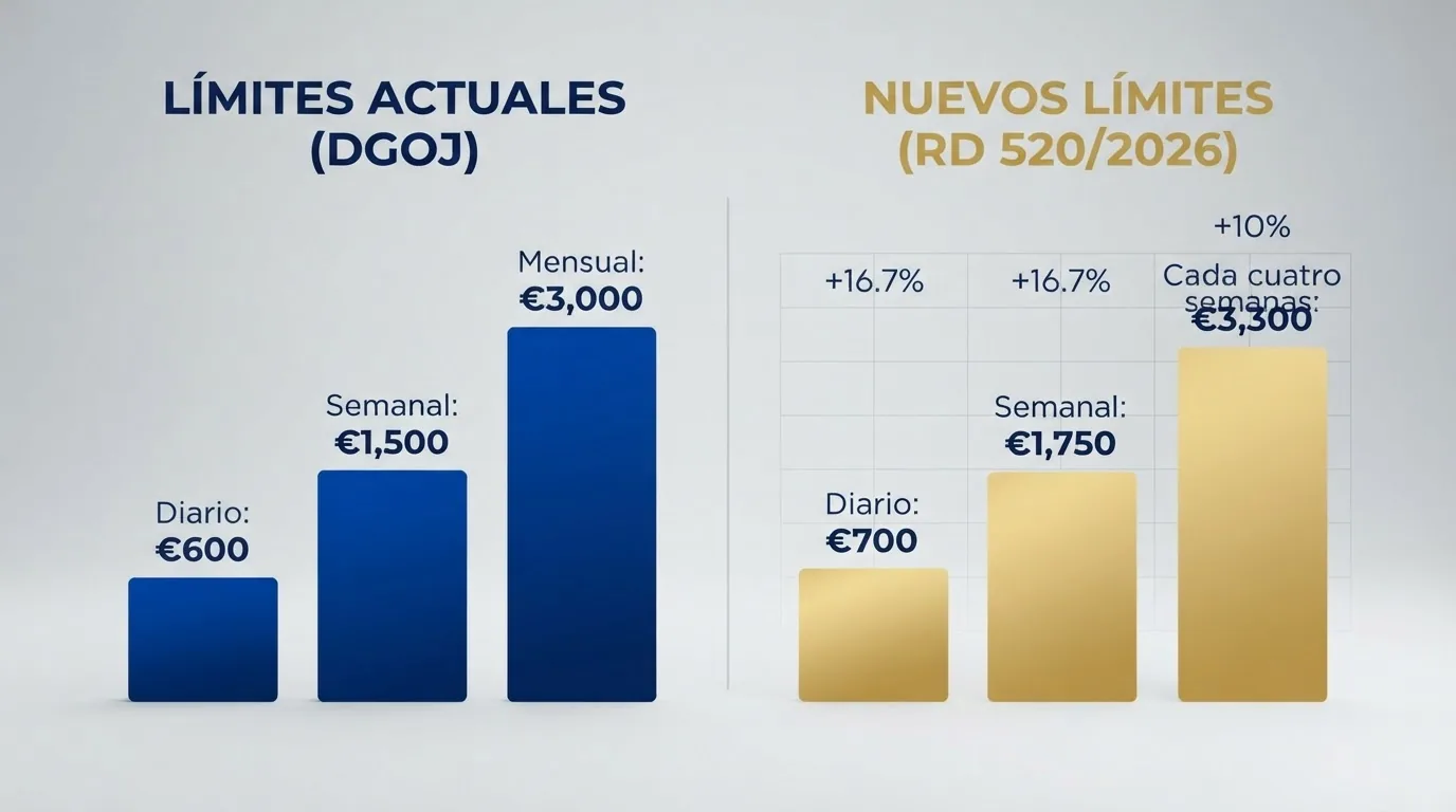 Infografía comparativa con tres columnas: límite diario, semanal y mensual bajo el régimen actual (600 €, 1.500 €, 3.000 €) frente a los nuevos límites conjuntos del RD 520/2026 (700 €, 1.750 €, 3.300 €/4 semanas)