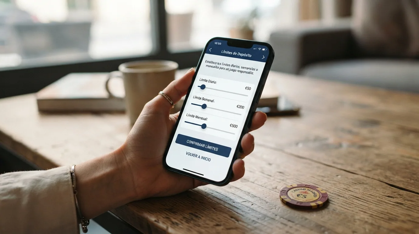 Pantalla de configuración de límites de depósito diario, semanal y mensual en la app de un casino online