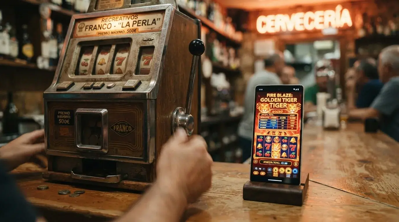 Comparativa visual: una máquina tragaperras física de bar con palanca frente a un slot digital en un smartphone