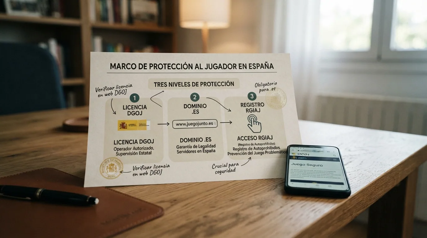Esquema visual con los tres niveles de protección del jugador: licencia DGOJ, dominio .es y RGIAJ, frente al signo de prohibido sobre un casino sin licencia