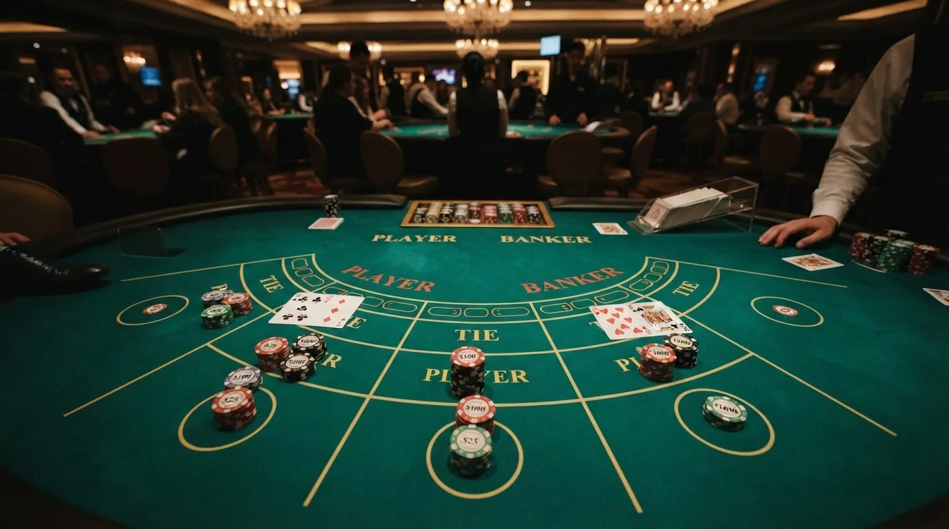 Esquema visual de una mesa de baccarat con las tres zonas de apuesta —Punto, Banca y Empate— señalizadas