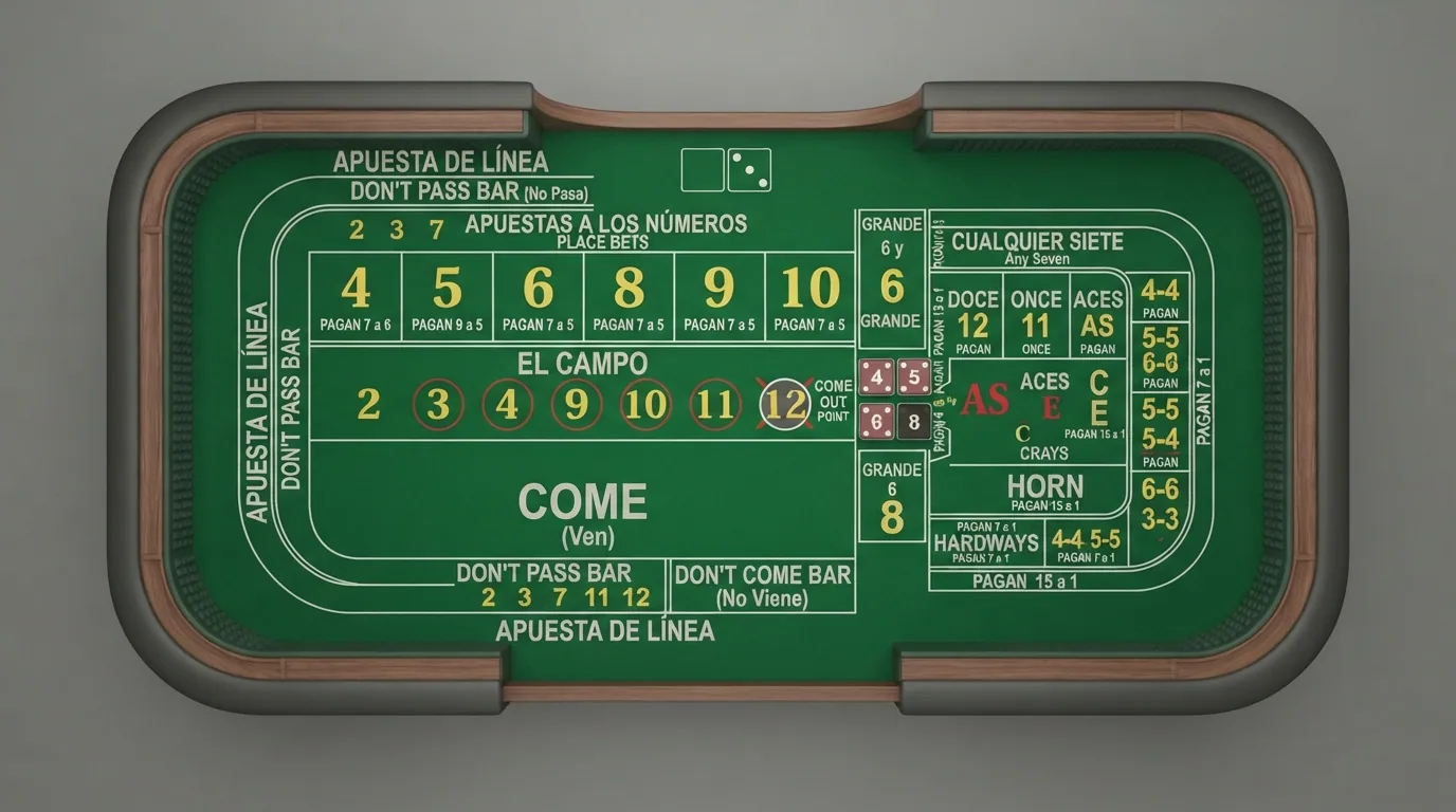 Vista cenital del paño de una mesa de craps con todas las zonas de apuesta señalizadas