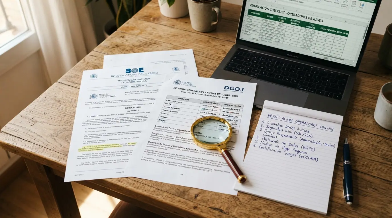 Escritorio con una lupa sobre documentos oficiales: el BOE, el registro de la DGOJ y anotaciones manuscritas con los criterios de evaluación