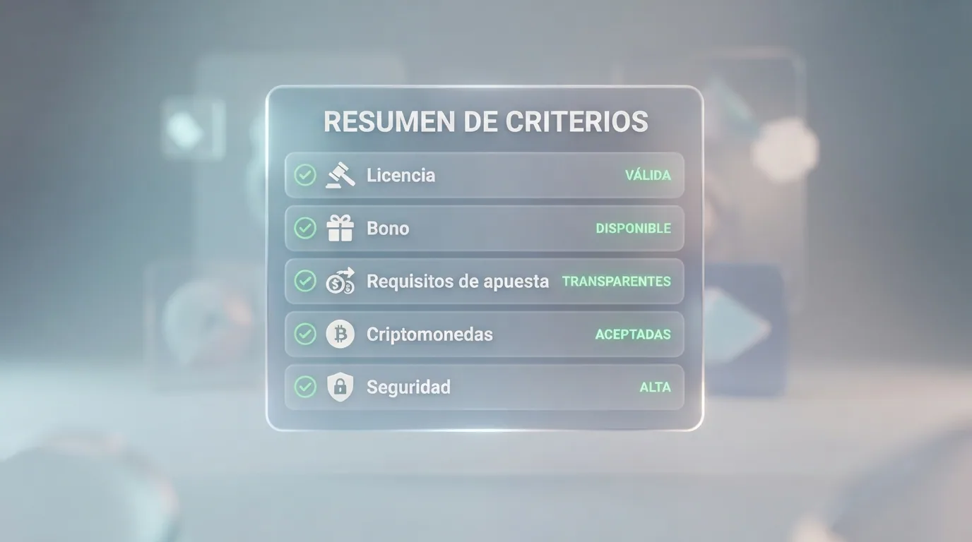 Una lista de verificación con cinco criterios — licencia, bono, requisitos de apuesta, criptomonedas, seguridad — cada uno con un visto junto a un icono representativo