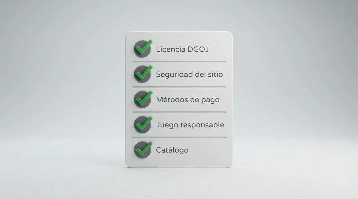 Lista de comprobación con cinco criterios — licencia DGOJ, seguridad del sitio, métodos de pago, juego responsable y catálogo — cada uno con una marca de verificación verde