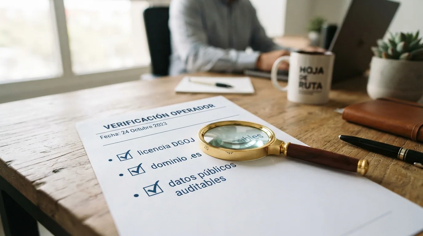 Una lupa sobre una lista de verificación que incluye licencia DGOJ, dominio .es y datos públicos auditables