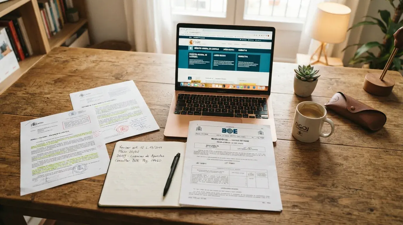 Una mesa de trabajo con documentos impresos del registro de la DGOJ, un BOE abierto, un ordenador con la web ordenacionjuego.es y notas manuscritas con los criterios de selección.