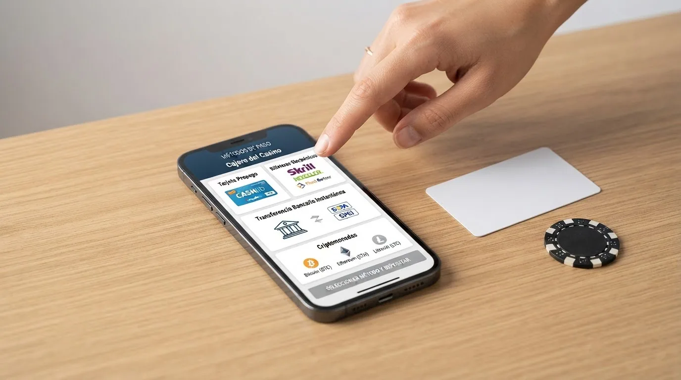 Un teléfono móvil mostrando una pantalla de cajero con los iconos de Paysafecard, Neteller, Trustly, Revolut, Bitcoin y USDT alineados