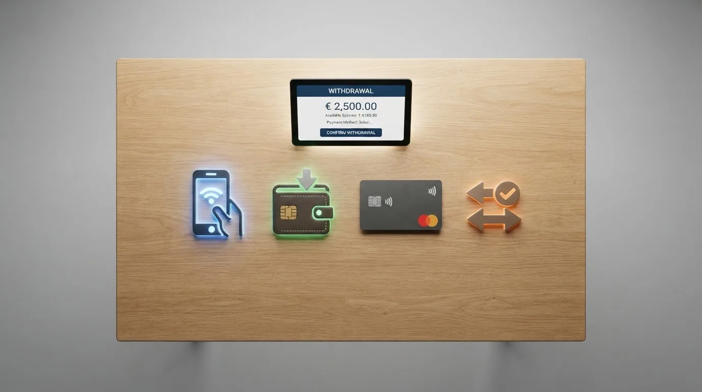 Iconos de Bizum, PayPal, tarjeta bancaria y transferencia junto a la pantalla de retirada de un casino online