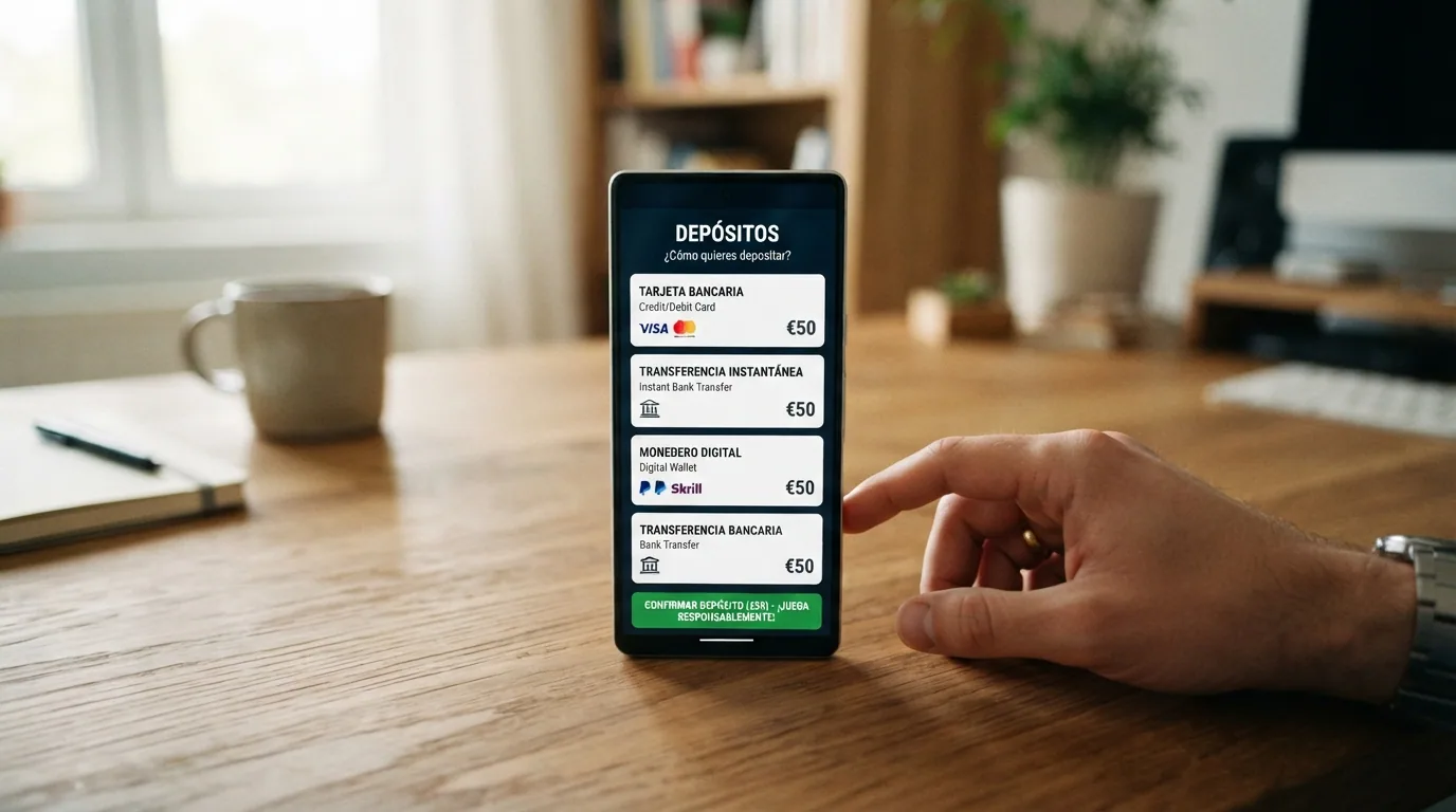 Móvil mostrando la pantalla de depósito de un casino con cuatro opciones: tarjeta bancaria, Bizum, PayPal y transferencia, cada una con su icono reconocible
