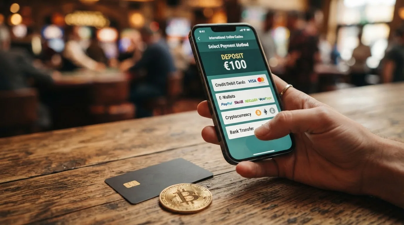Cartera digital, tarjeta y monedas de criptomoneda sobre una pantalla con la interfaz de depósito de un casino