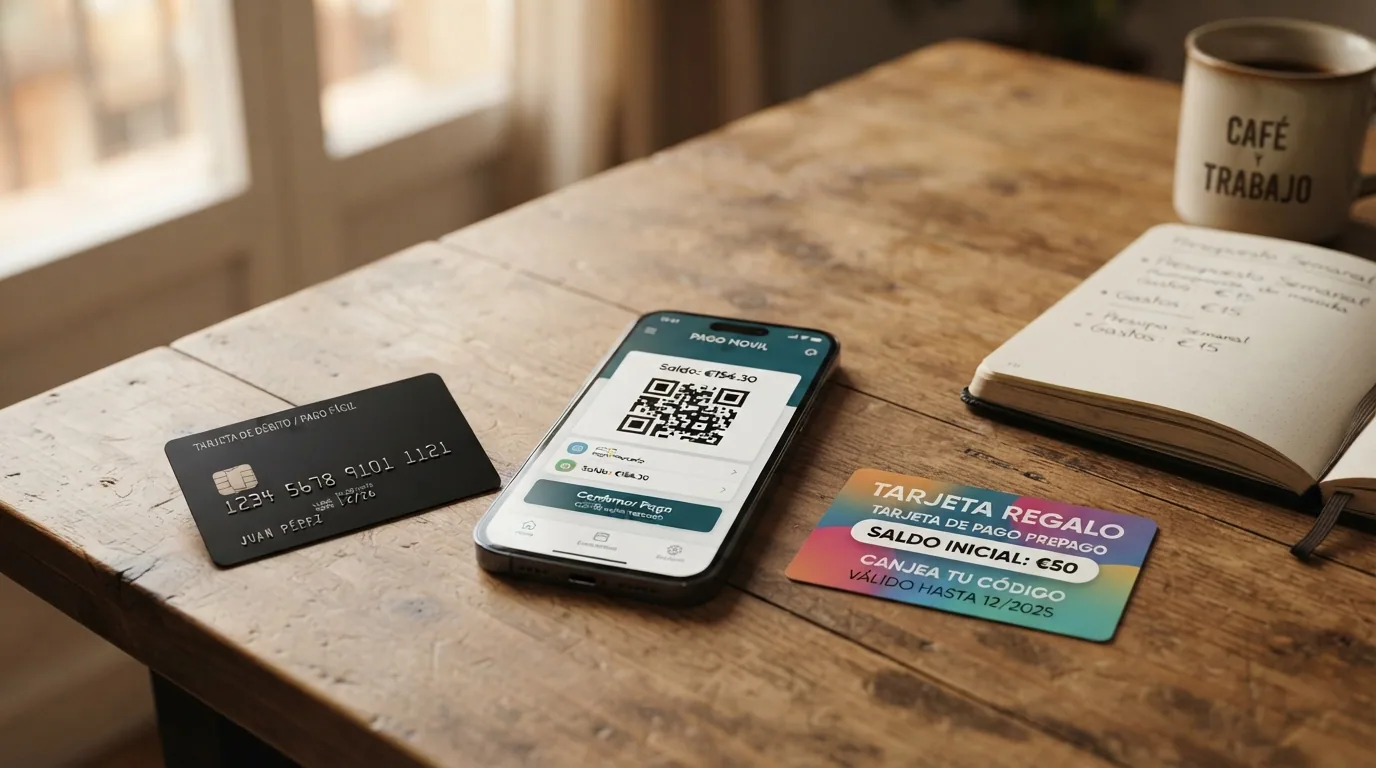 Sobre con tarjetas bancarias, un móvil mostrando PayPal y un vale de Paysafecard sobre una mesa
