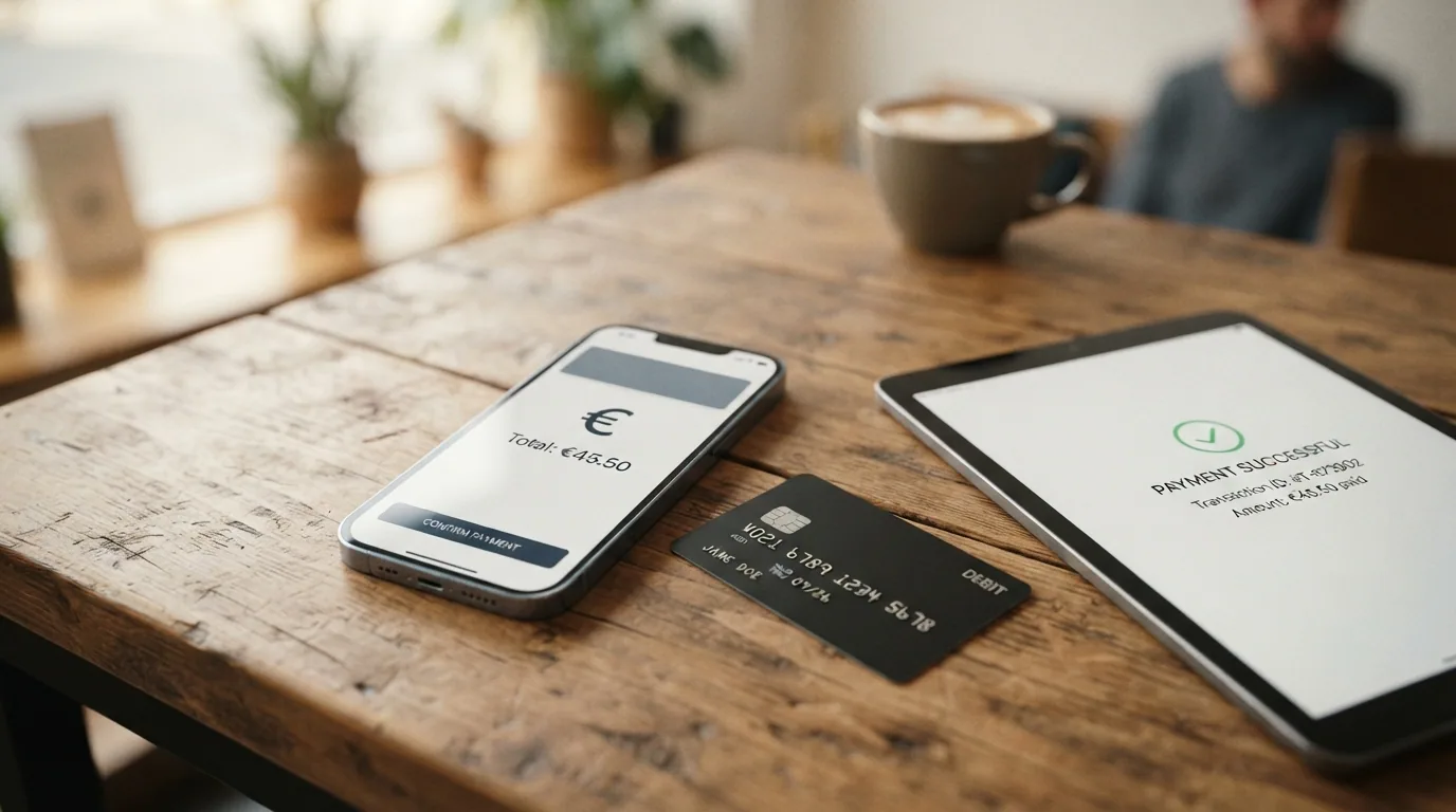 Cartera digital, tarjeta bancaria y telefono con la app de Bizum sobre una mesa