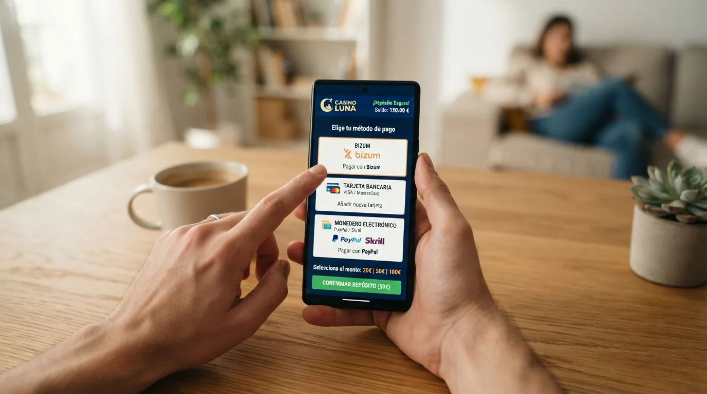 Pantalla de cajero de un casino online español con los iconos de Bizum, Visa, Mastercard y PayPal como opciones de depósito