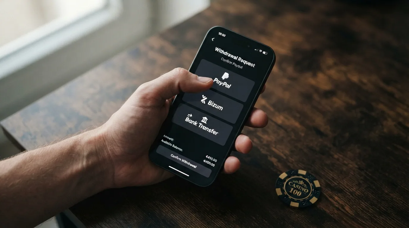 Teléfono móvil mostrando la pantalla de retirada de un casino online con varios métodos de pago disponibles