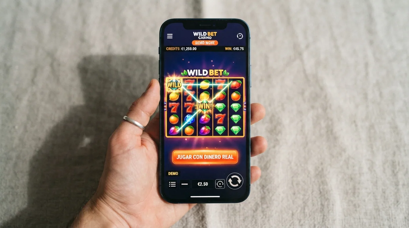 Pantalla de un slot en modo demo con el saldo ficticio visible en la esquina superior y el botón «jugar con dinero real» resaltado en la parte inferior