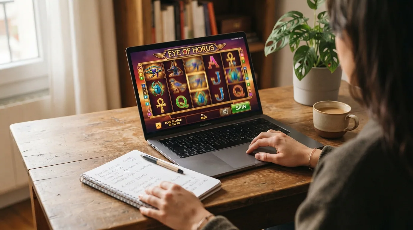 Pantalla del modo demo de Eye of Horus con saldo virtual visible, los mismos carretes y símbolos que la versión real y el botón de giro activo sin depósito