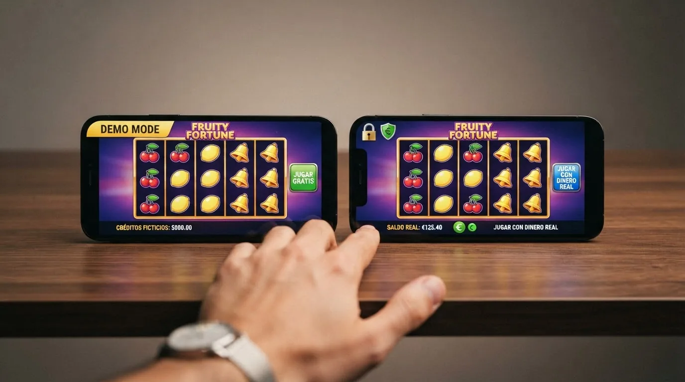 Dos pantallas de casino idénticas mostrando la misma tragaperras: la de la izquierda con un contador de «créditos ficticios», la de la derecha con un saldo en euros y el candado de verificación de cuenta.