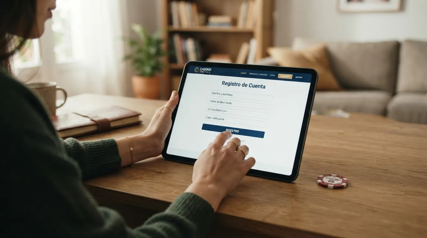 Formulario de registro de un casino online con campos de datos personales y un banner de bono de bienvenida