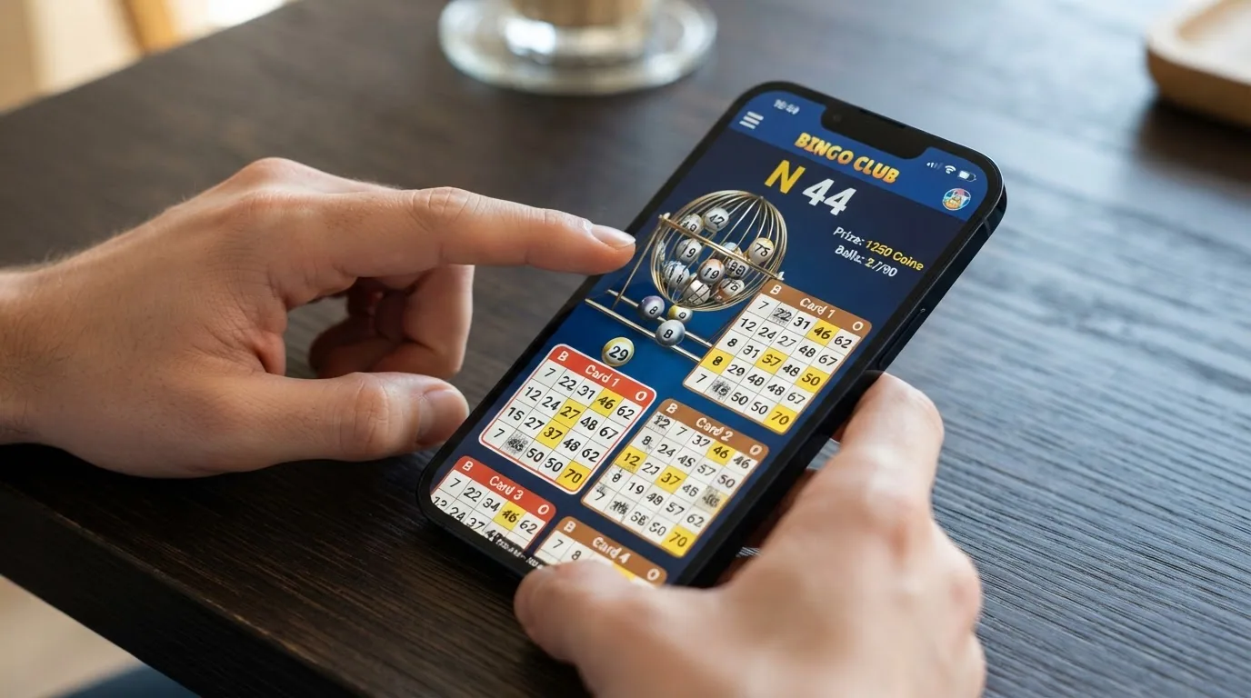 Captura de una partida de video bingo con cuatro cartones de 3×5 y el bombo de bolas en pantalla
