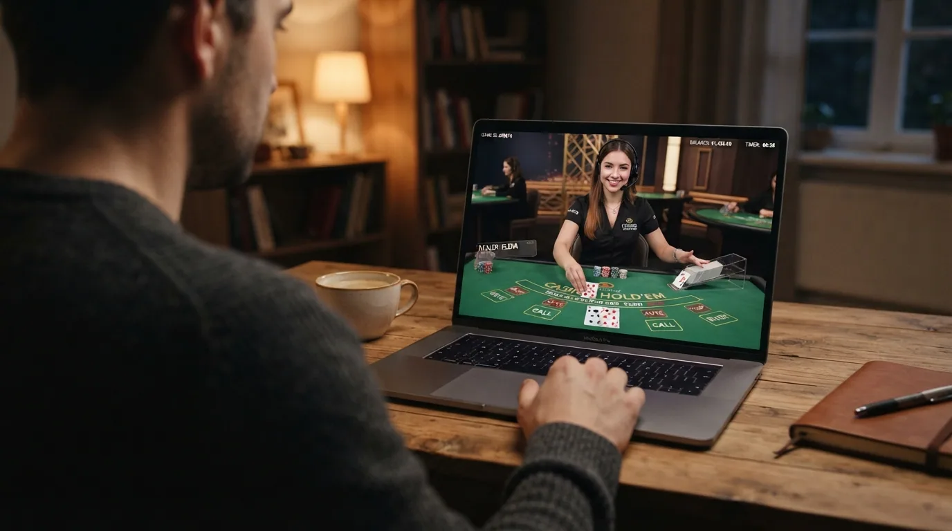 Crupier real repartiendo cartas en una mesa de Casino Hold'em transmitida por streaming desde un estudio profesional