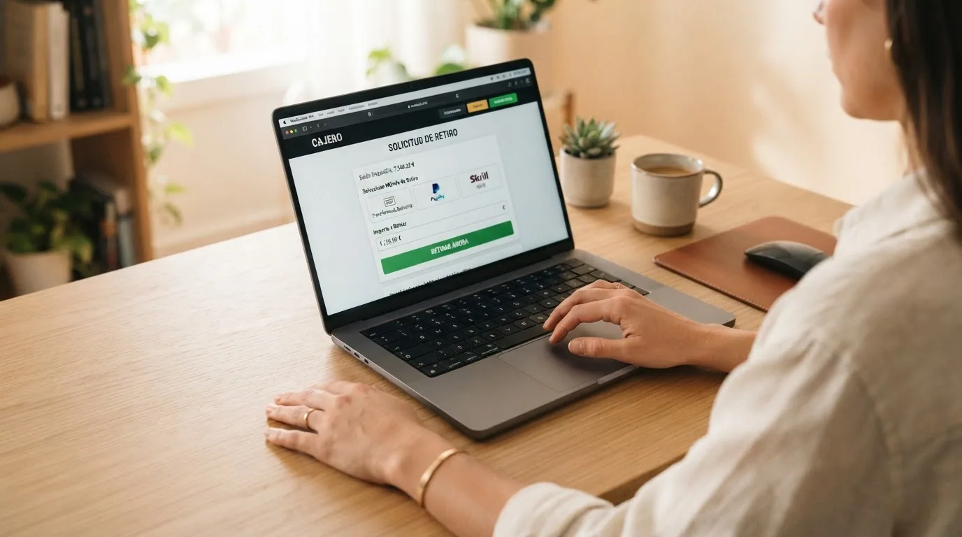 Pantalla del área de cajero de un casino online con las opciones de retirada, el importe a solicitar y el método de pago seleccionado