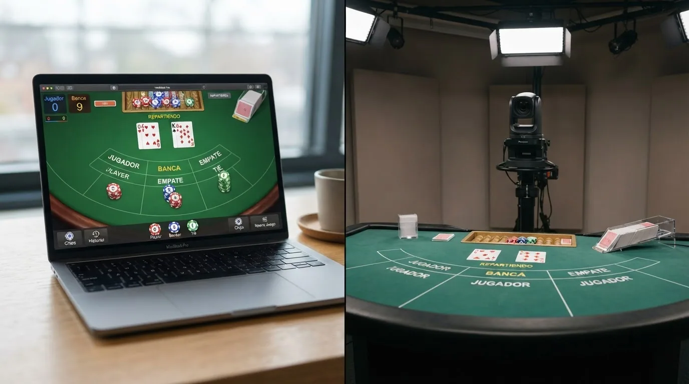 Pantalla dividida: a la izquierda, una mesa de punto y banca RNG con interfaz digital; a la derecha, un espacio vacío donde iría un crupier en vivo