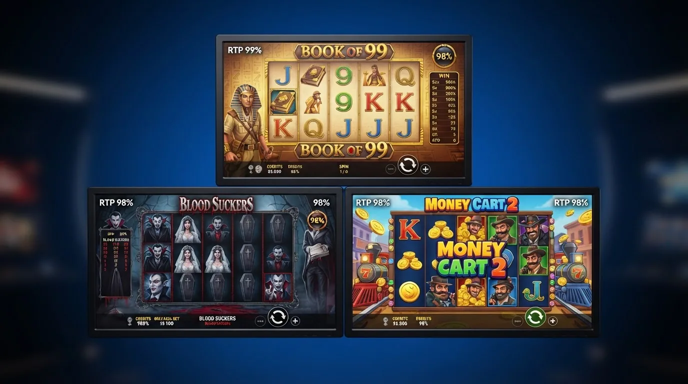 Collage de las pantallas de título de Book of 99, Blood Suckers y Money Cart 2, las tres slots con mayor RTP del mercado español