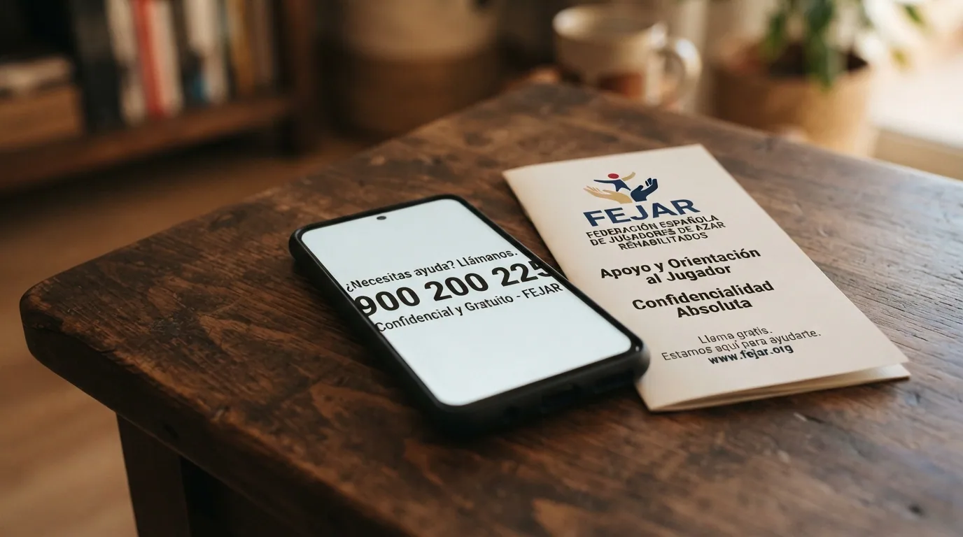 Un teléfono móvil con el número 900 200 225 en pantalla junto a un folleto de FEJAR sobre una mesa