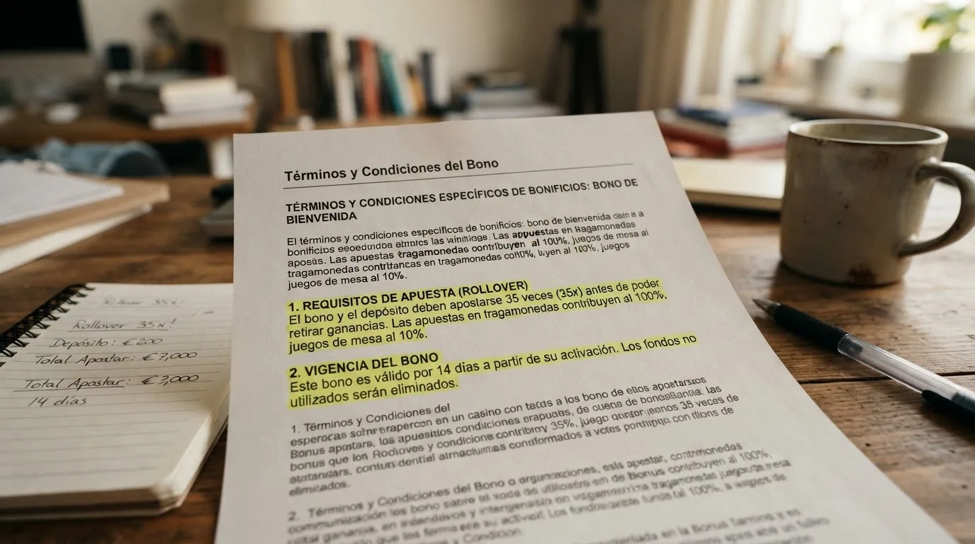 Contrato de condiciones de bono de casino con las cláusulas de rollover y plazo de validez subrayadas en amarillo