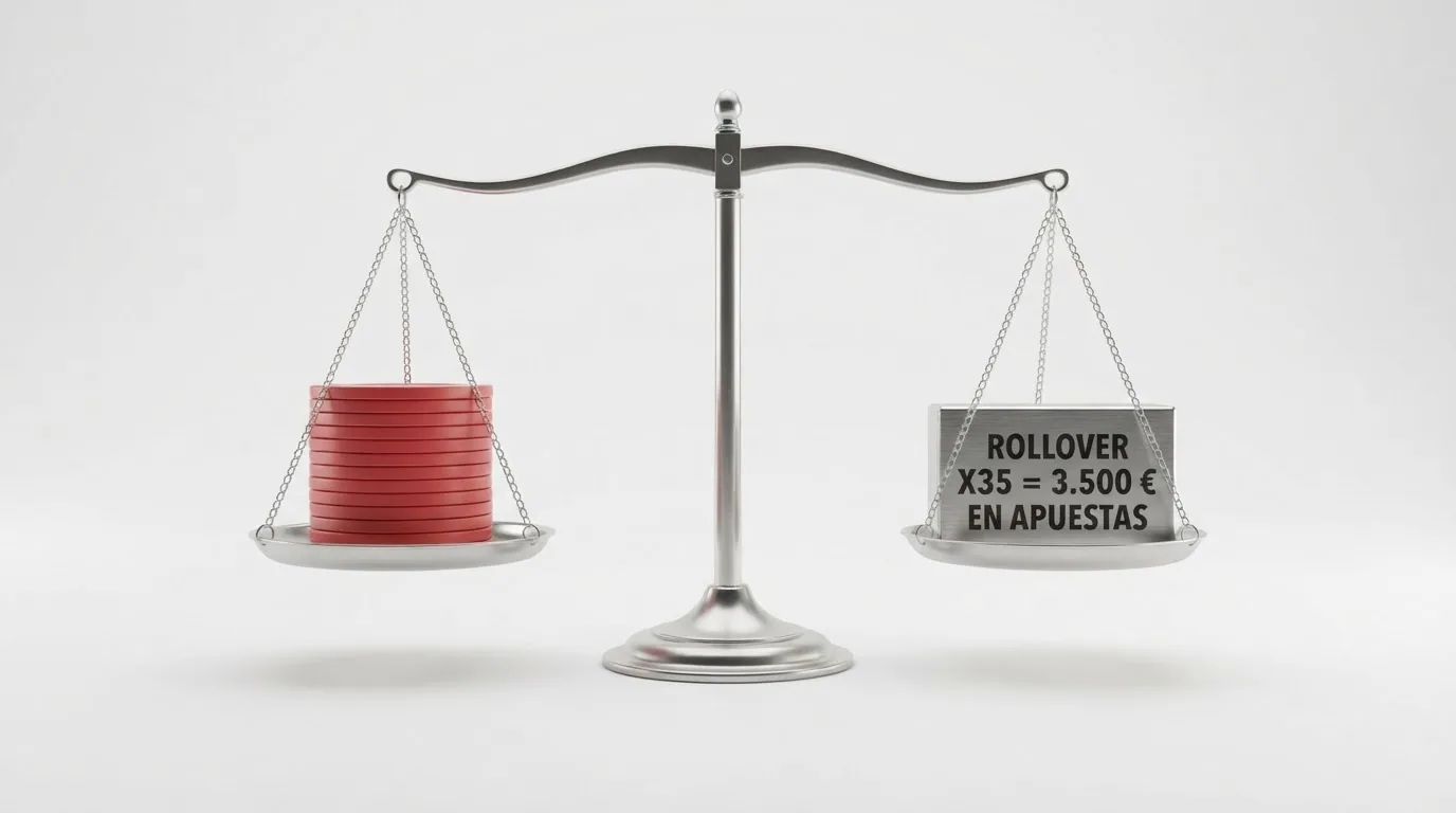 Una ilustración que muestra una balanza: en un platillo un fajo de billetes con la etiqueta «bono 100 €», en el otro una pesa con la etiqueta «rollover x35 = 3.500 € en apuestas»