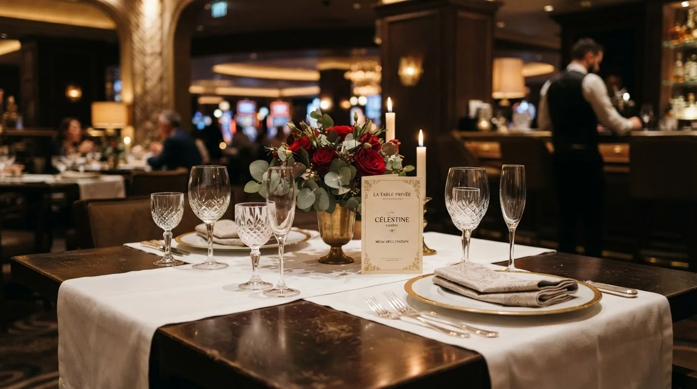 Mesa preparada en el restaurante del Casino Barcelona con montaje de cena y copas