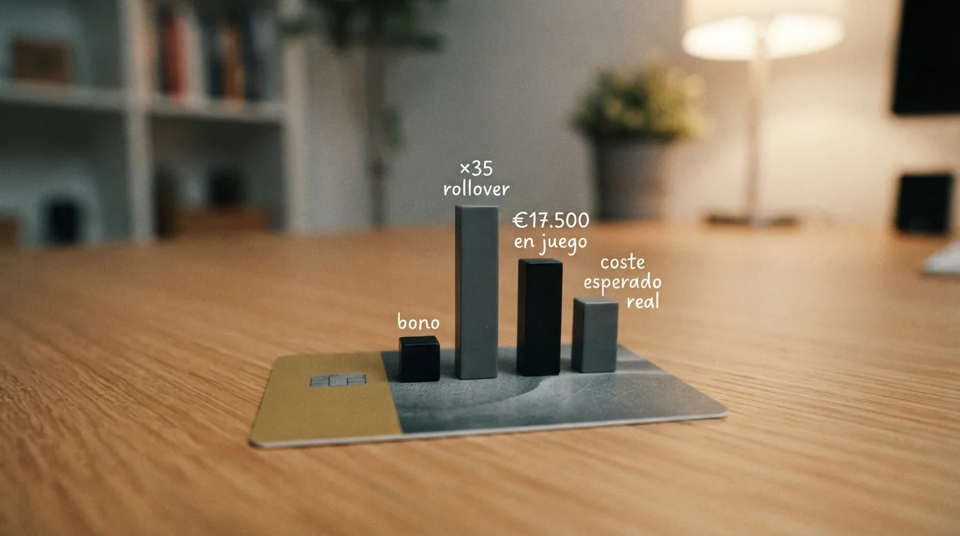 Un billete de 500 euros del que solo una fracción está coloreada, con etiquetas que muestran el recorrido: bono → ×35 rollover → €17.500 en juego → coste esperado real