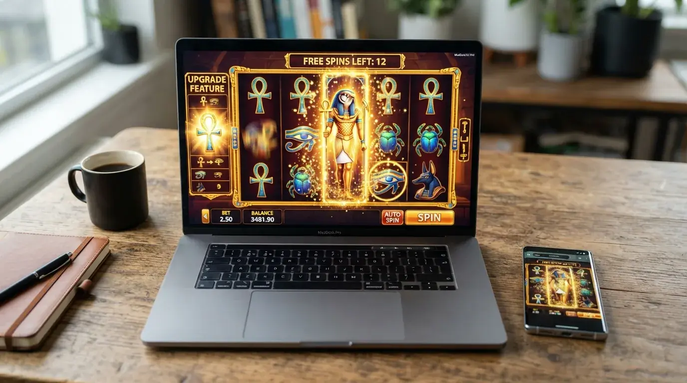 Captura de la ronda de giros gratis de Eye of Horus con el contador de 12 tiradas, un símbolo mejorado resaltado en la tabla de pagos y uno o varios comodines Horus en los carretes