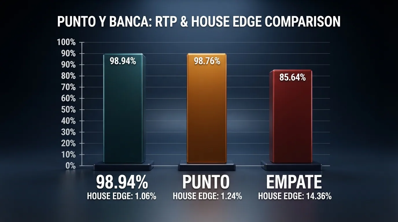 Gráfico comparativo de tres barras que muestra el RTP y la ventaja de la casa para cada zona de apuesta: banco, punto y empate