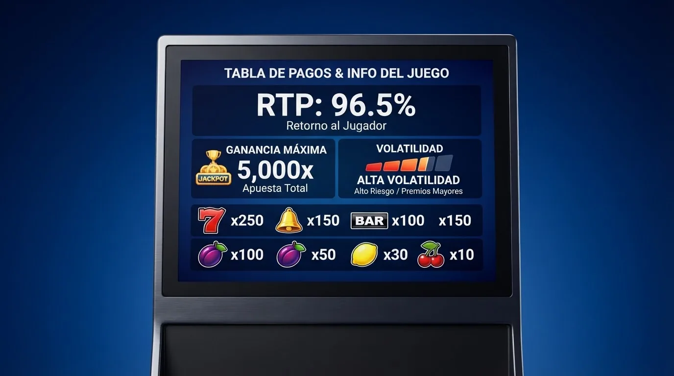 Ficha técnica de una slot donde se lea el porcentaje de RTP junto al premio máximo y la volatilidad declarada por el proveedor