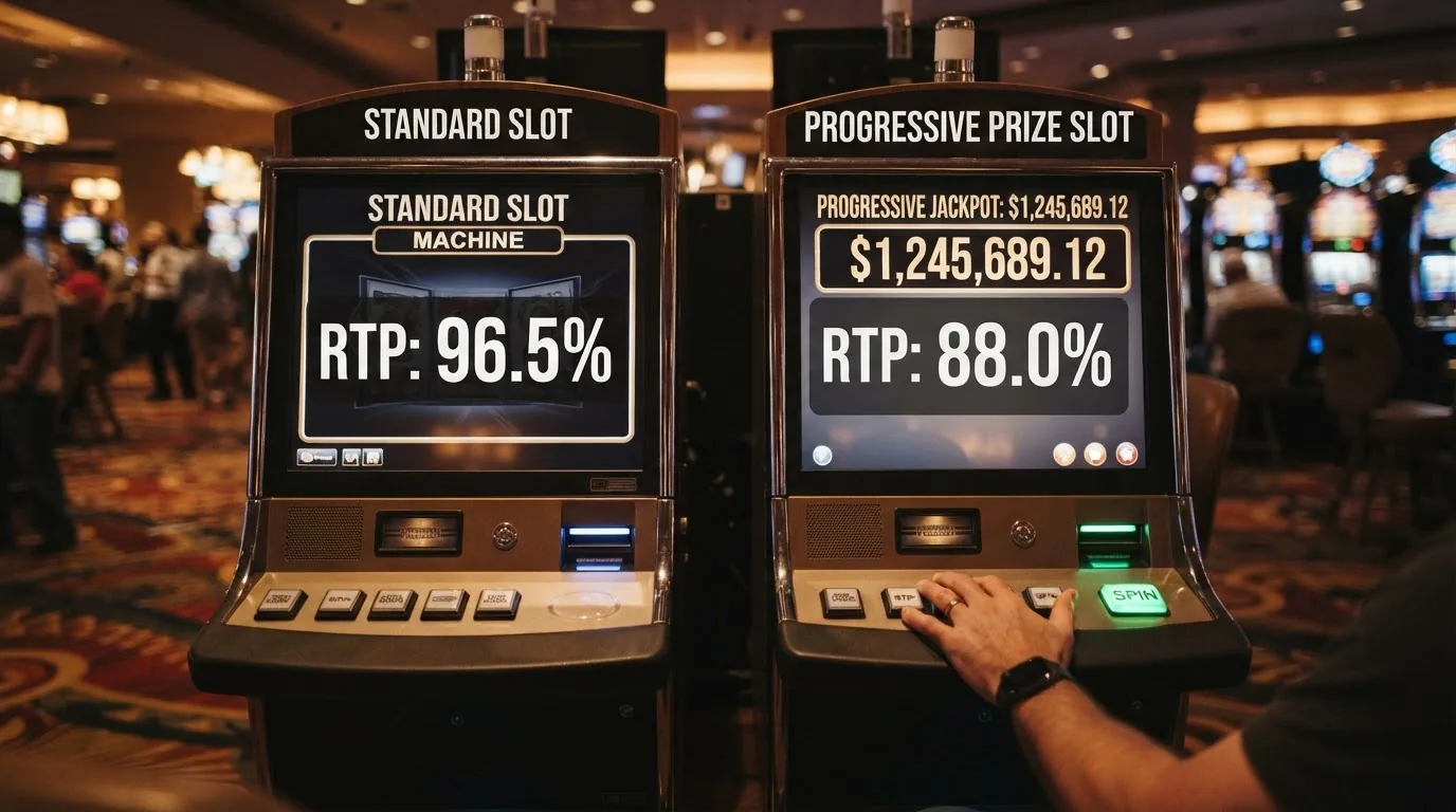 Comparativa visual del RTP de una tragaperras estándar frente al RTP de una slot con jackpot progresivo, con el diferencial sombreado